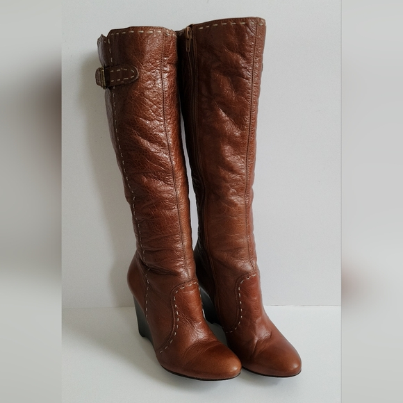 DIBA BOOTS COGNAC BROWN WEDGE HEEL KNEE HIGH ALMOND TOE BUCKLE LEATHER 7 - Picture 8 of 16